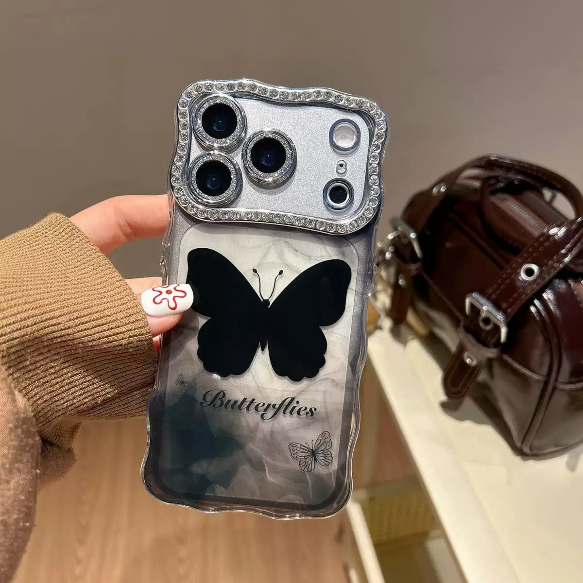 Black Butterfly Rhinestone Camera Border With Glitter Lens Case (NEW)