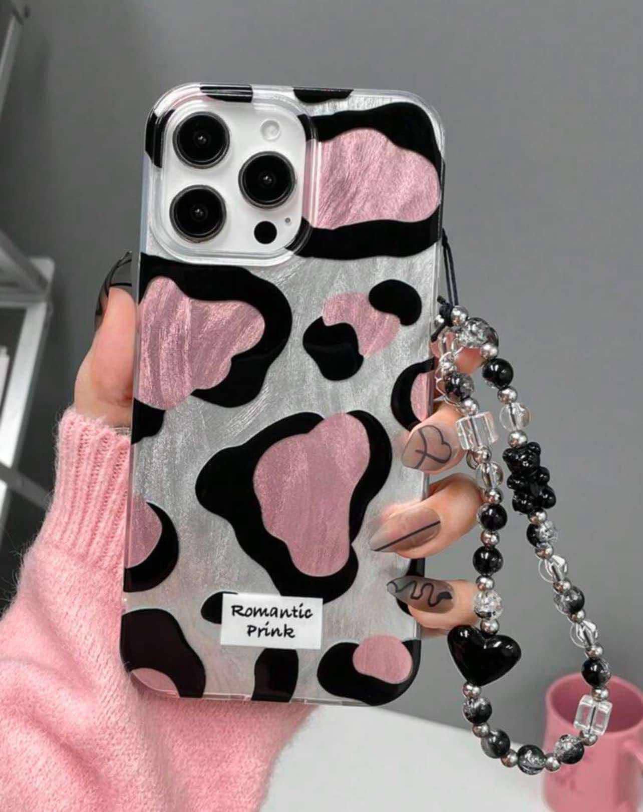 Glossy Cow Print Case With Chain