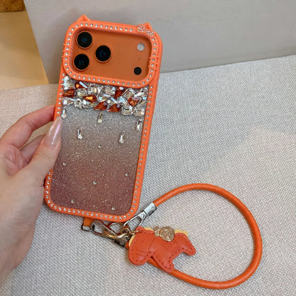 Meow & Bling Kitty Diamond Glitter Case with Horse Charm Wrist Strap