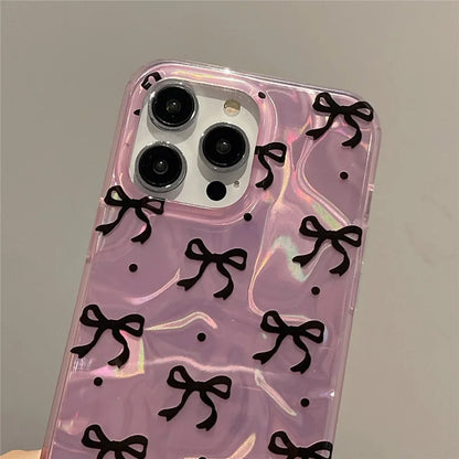 Pink IMD Black Ribbon Bow Tie  Case With Chain