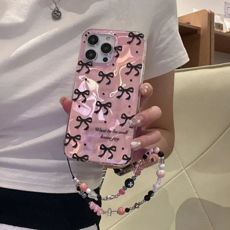 Pink IMD Black Ribbon Bow Tie  Case With Chain