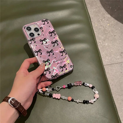 Pink IMD Black Ribbon Bow Tie  Case With Chain