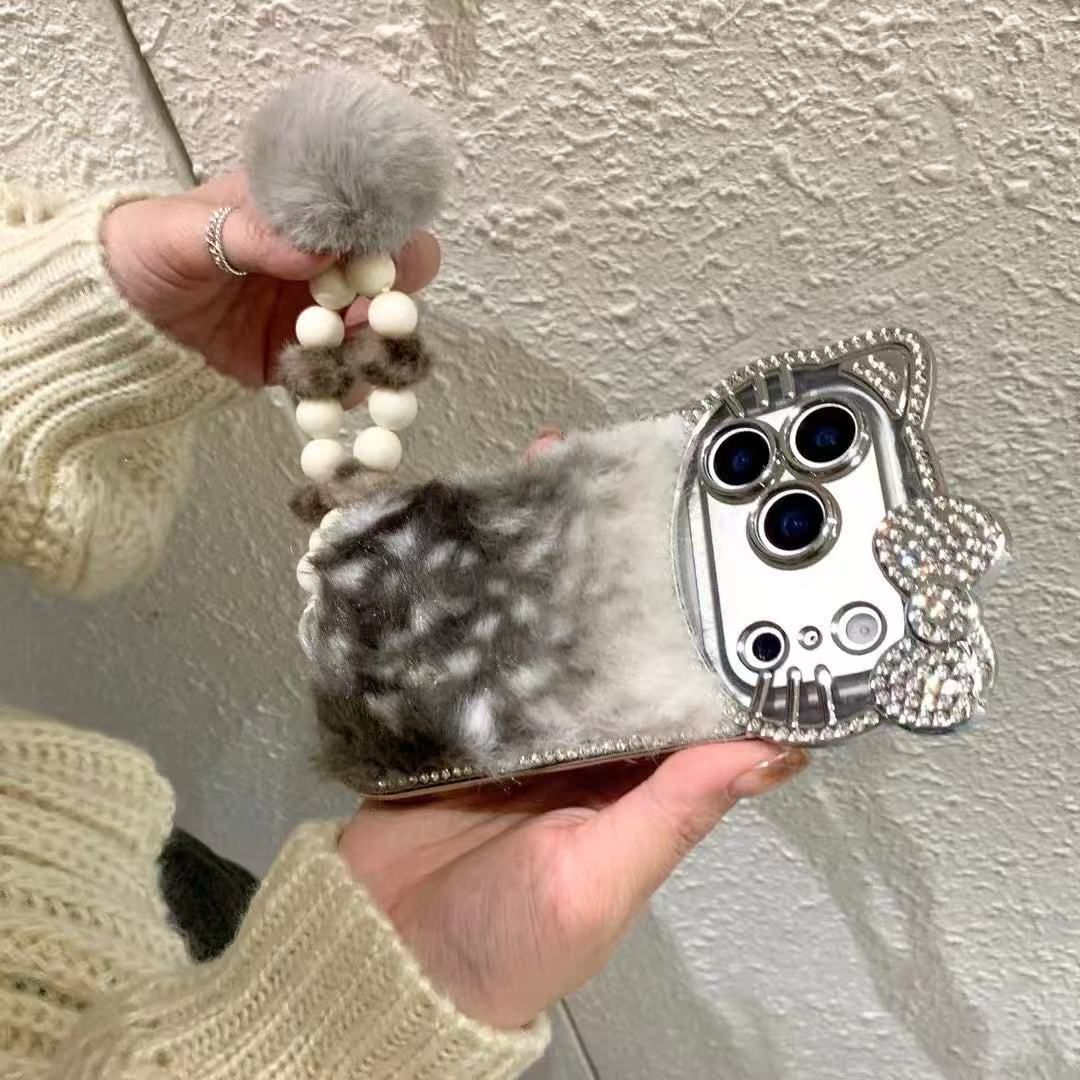 Luxury Cat Fur Case With Crystal Camera Frame & Pom-Pom Wristlet (NEW)