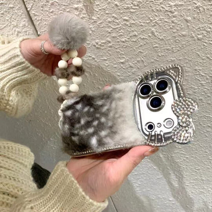 Luxury Cat Fur Case With Crystal Camera Frame & Pom-Pom Wristlet (NEW)