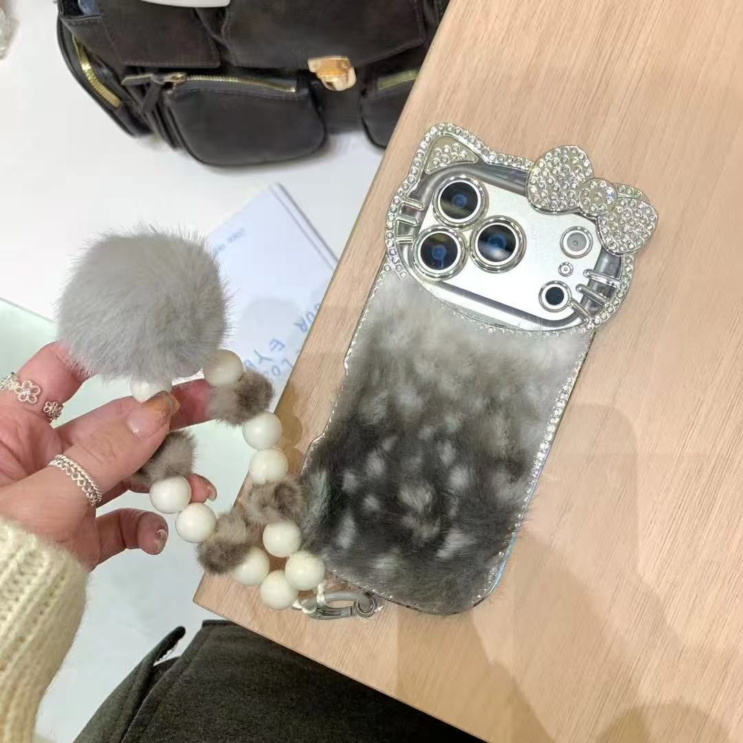 Luxury Cat Fur Case With Crystal Camera Frame & Pom-Pom Wristlet (NEW)