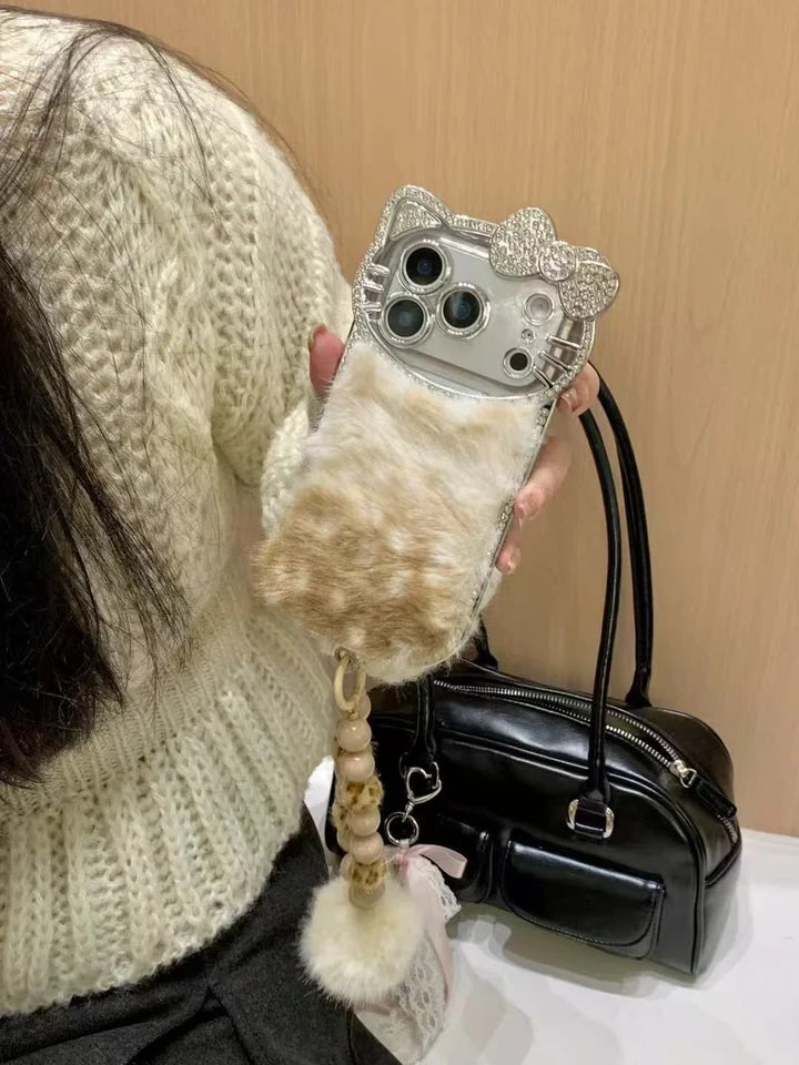 Luxury Cat Fur Case With Crystal Camera Frame & Pom-Pom Wristlet (NEW)
