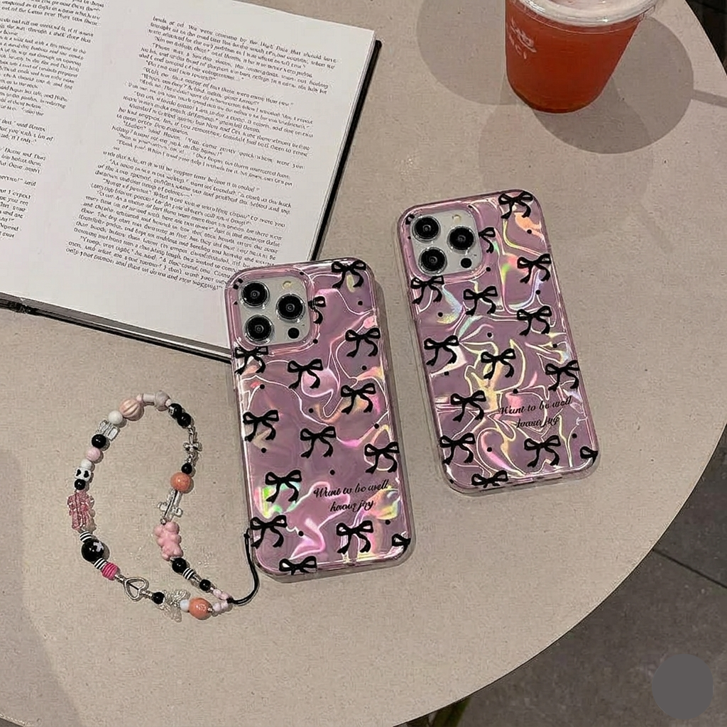 Pink IMD Black Ribbon Bow Tie  Case With Chain