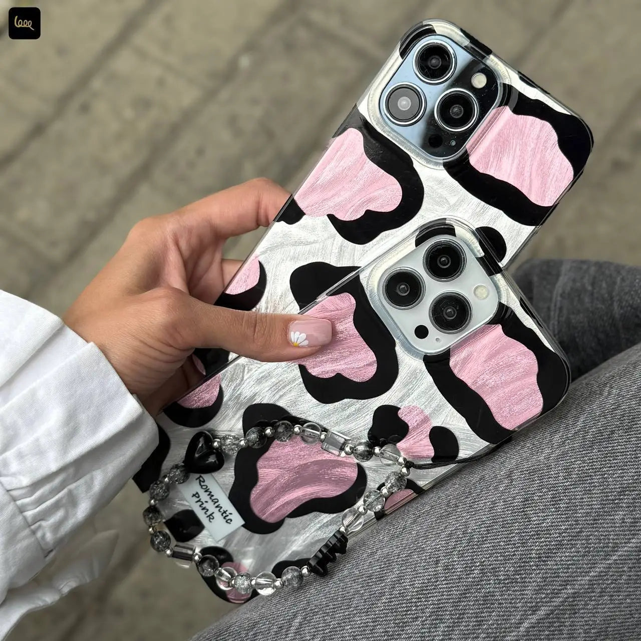 Glossy Cow Print Case With Chain
