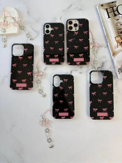 Black IMD Pink Ribbon Bow Tie Case With Chain