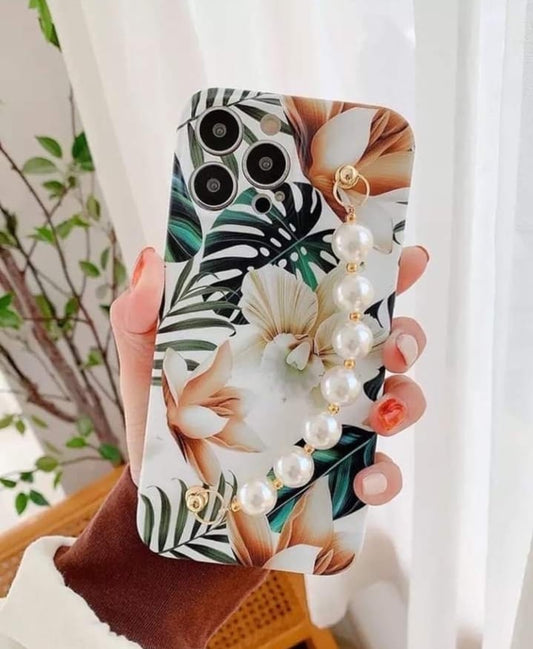 White Leaves Printed Case With Beads chain