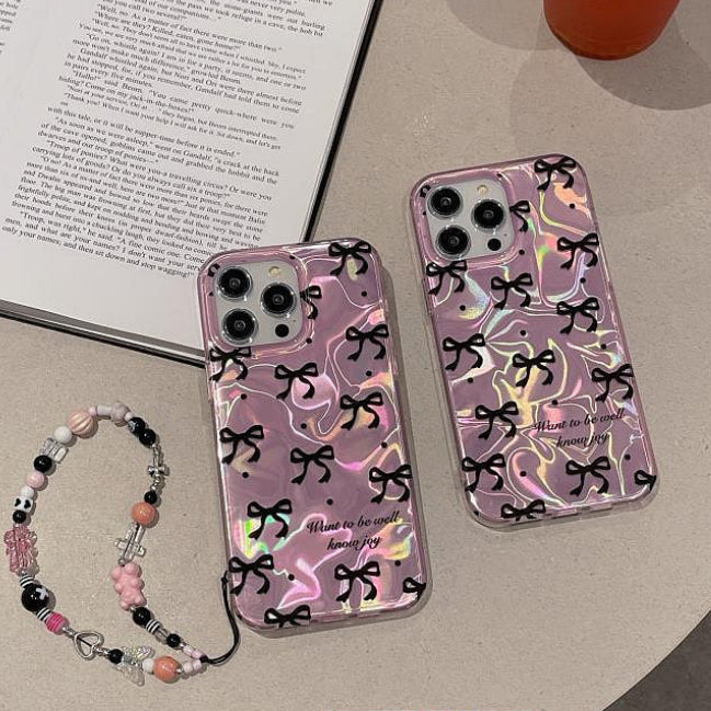 Pink IMD Black Ribbon Bow Tie  Case With Chain