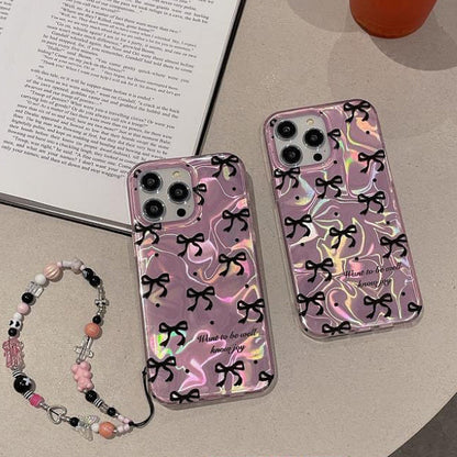 Pink IMD Black Ribbon Bow Tie  Case With Chain