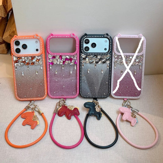 Meow & Bling Kitty Diamond Glitter Case with Horse Charm Wrist Strap