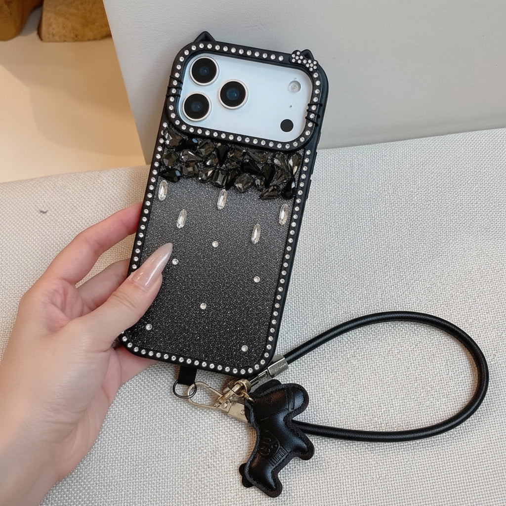 Meow & Bling Kitty Diamond Glitter Case with Horse Charm Wrist Strap