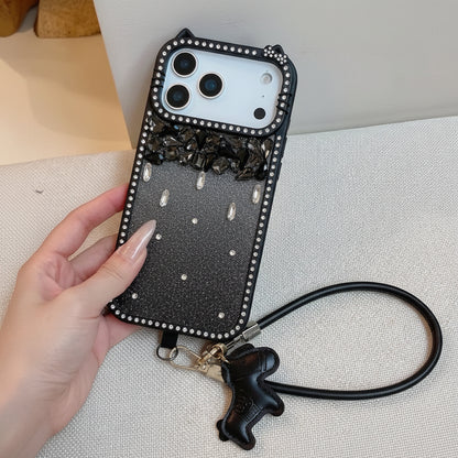 Meow & Bling Kitty Diamond Glitter Case with Horse Charm Wrist Strap