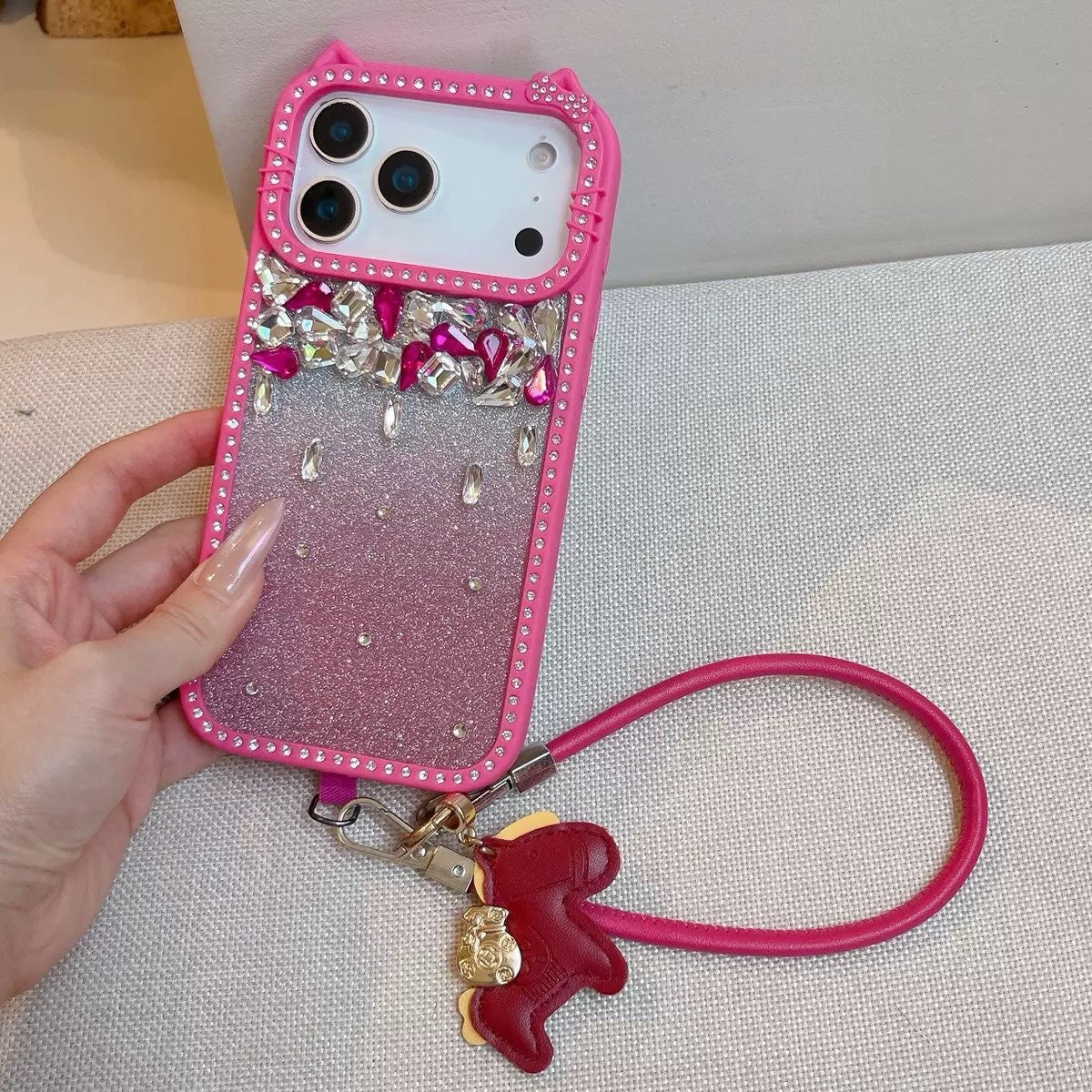 Meow & Bling Kitty Diamond Glitter Case with Horse Charm Wrist Strap