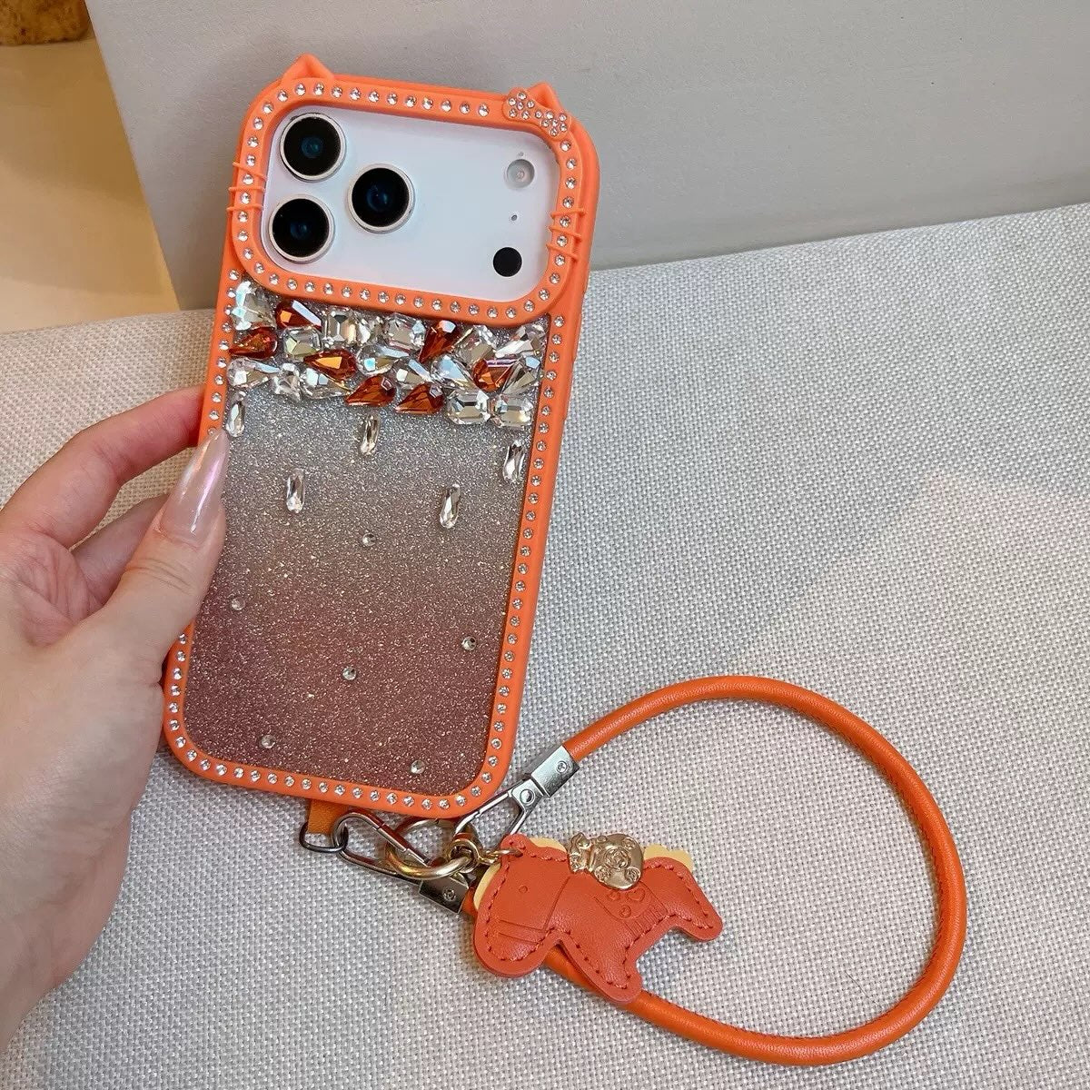 Meow & Bling Kitty Diamond Glitter Case with Horse Charm Wrist Strap