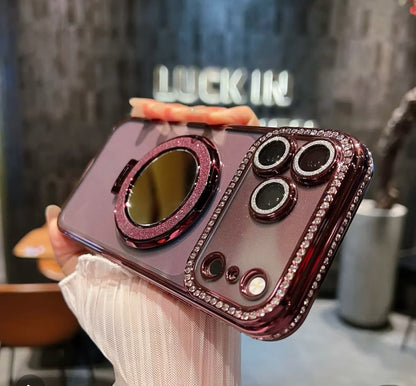 Burgundy Diamond Mirror Holder Case - Rhinestone Camera Border (NEW)