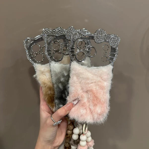 Luxury Cat Fur Case With Crystal Camera Frame & Pom-Pom Wristlet (NEW)
