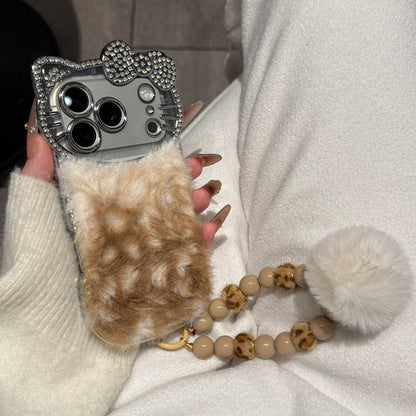 Luxury Cat Fur Case With Crystal Camera Frame & Pom-Pom Wristlet (NEW)