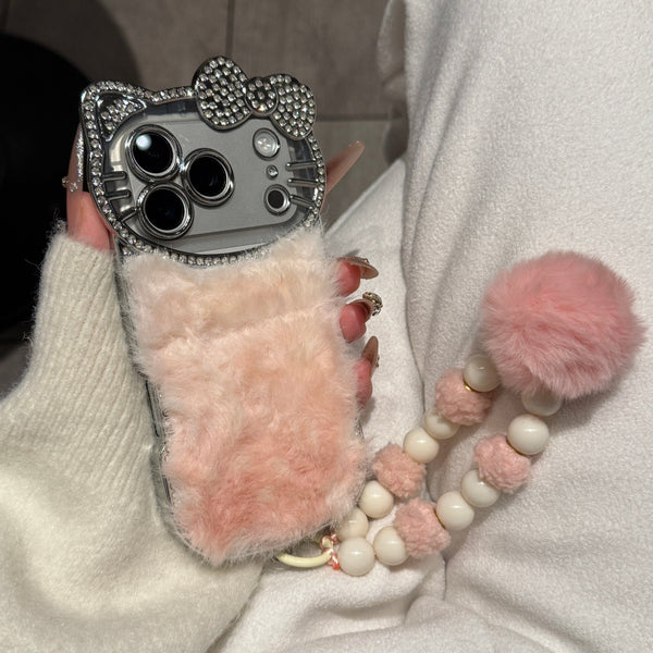 Luxury Cat Fur Case With Crystal Camera Frame & Pom-Pom Wristlet (NEW)