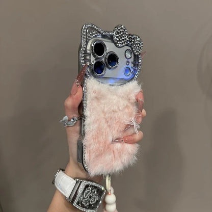 Luxury Cat Fur Case With Crystal Camera Frame & Pom-Pom Wristlet (NEW)