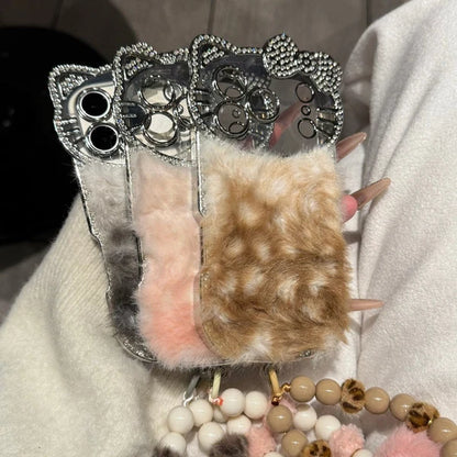 Luxury Cat Fur Case With Crystal Camera Frame & Pom-Pom Wristlet (NEW)