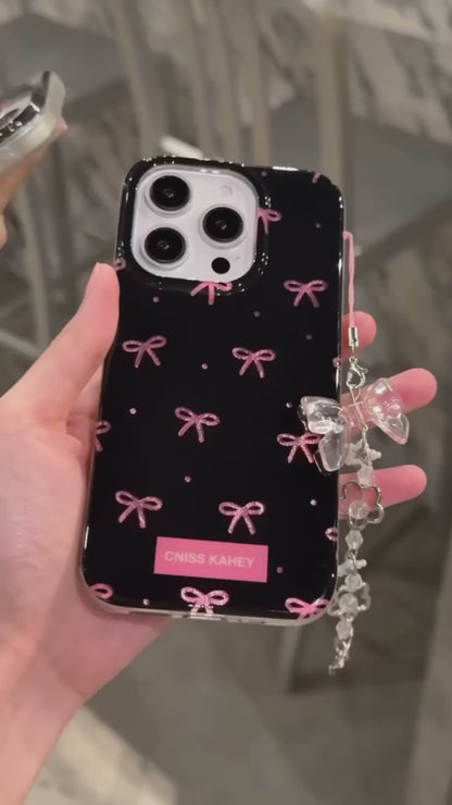 Black IMD Pink Ribbon Bow Tie Case With Chain