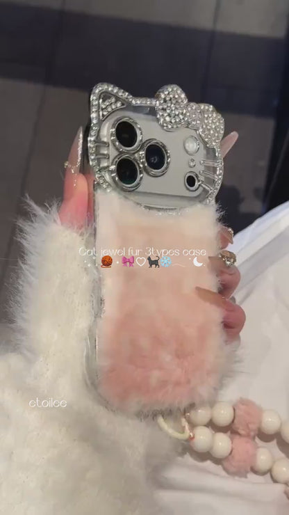 Luxury Cat Fur Case With Crystal Camera Frame & Pom-Pom Wristlet (NEW)