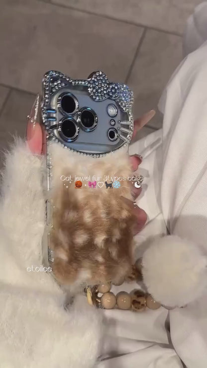 Luxury Cat Fur Case With Crystal Camera Frame & Pom-Pom Wristlet (NEW)