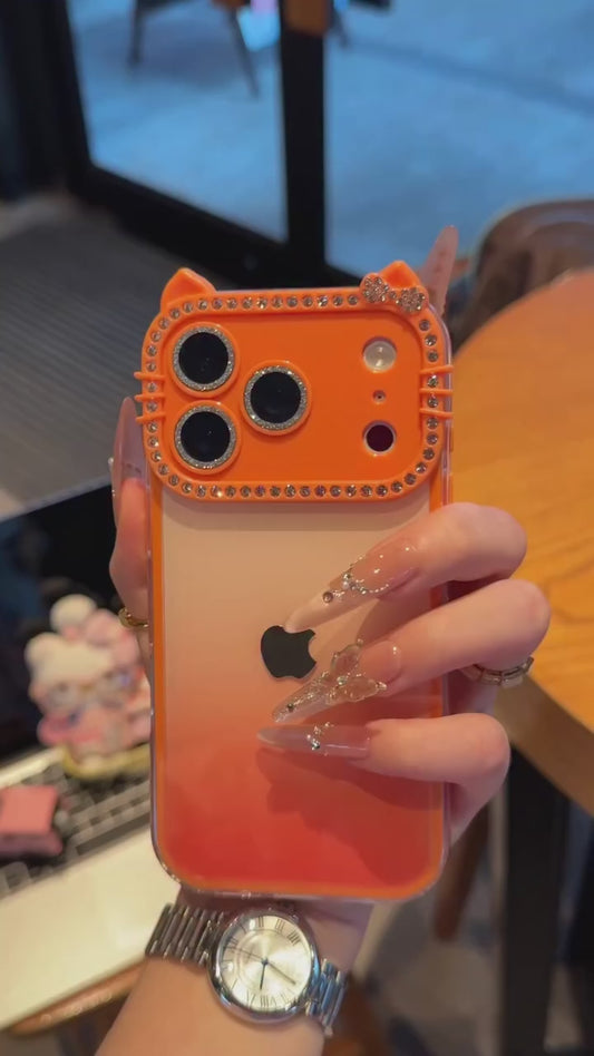 Orange Sparkling Rhinestone Cat Glitter Lens Case (NEW)