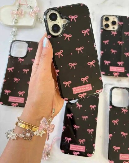 Black IMD Pink Ribbon Bow Tie Case With Chain